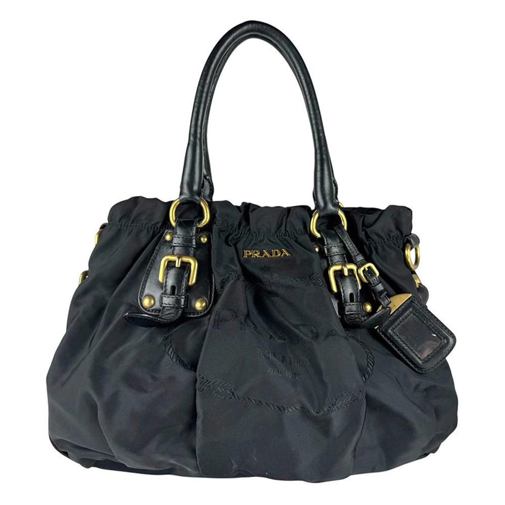 Prada black Tessuto Gaufre handbag gathered pleated buckled